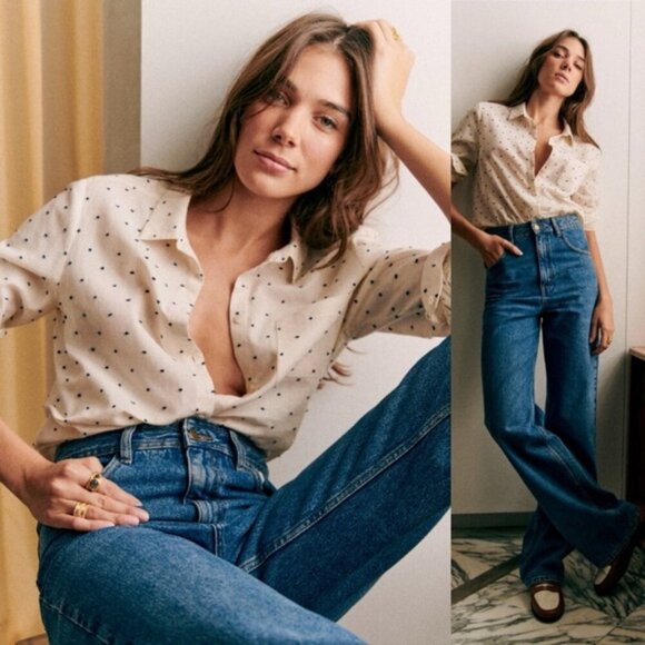 Sezane Linen Ramie Tomboy Shirt Ecru Blue Dot Print Size 34 French US 2 Button - Picture 2 of 15
